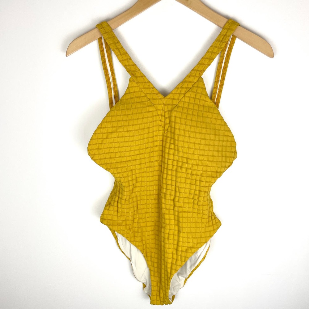 Andie V Neck Windowpane One Piece Swimsuit In Yellow Size Small New